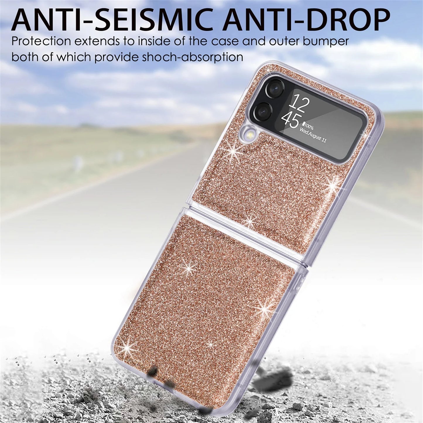 for Samsung Galaxy Z Flip 4 6.7" Glitter Folding Case, Flexible TPU Case with Wireless Charging Anti-Fingerprint Full Body Protective Case for Samsung Z Flip 4 Women Men, Gold