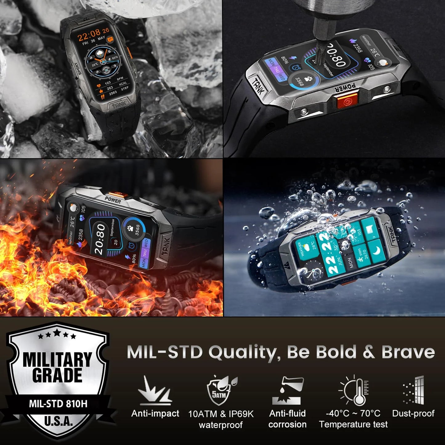 Tank X1 Smart Watch for Men-100M Waterproof, 1.47" HD Fitness Tracker for Android Iphone with Bluetooth(Answer/Make Call), 50 Days Extra-Long Battery, Black