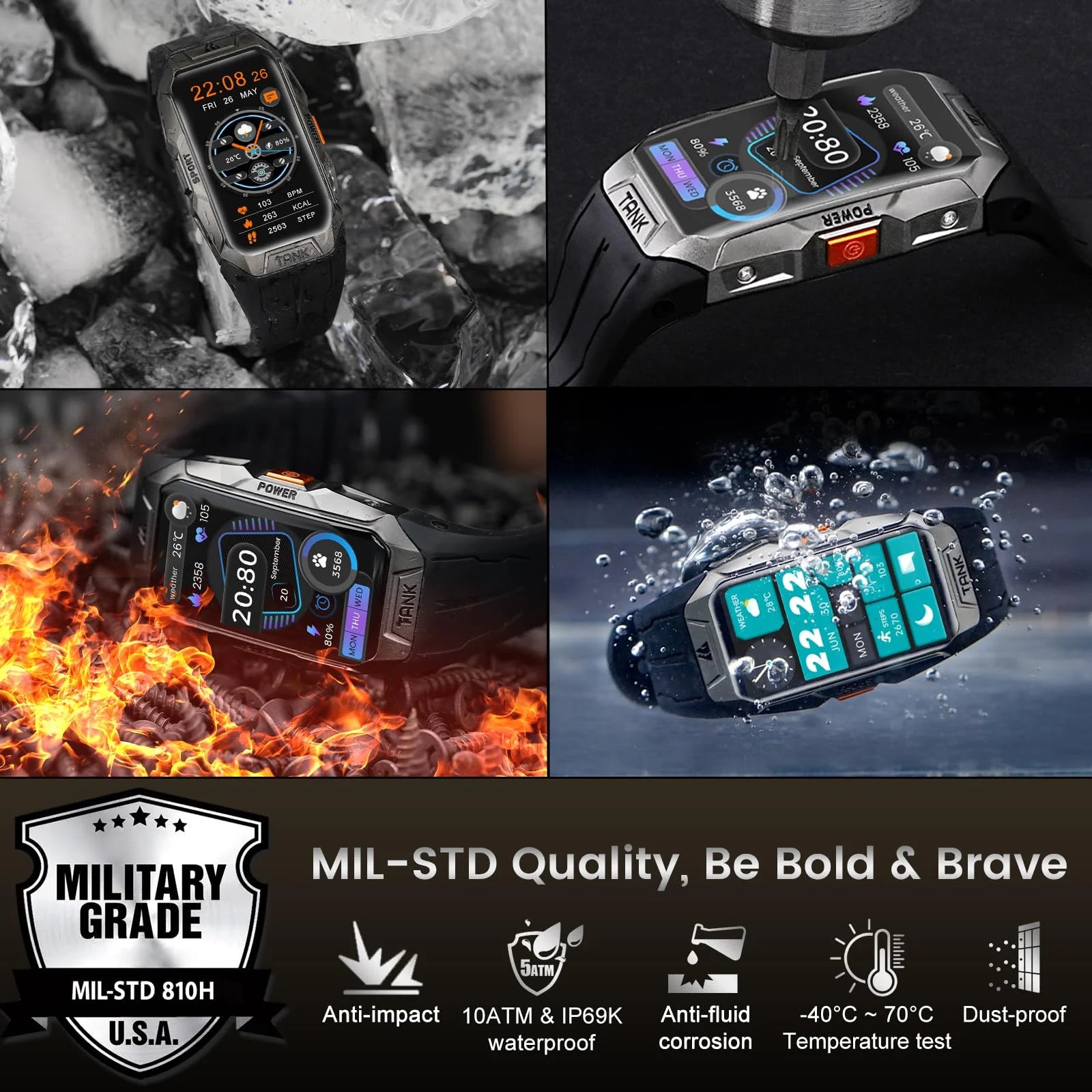 Tank X1 Smart Watch for Men-100M Waterproof, 1.47" HD Fitness Tracker for Android Iphone with Bluetooth(Answer/Make Call), 50 Days Extra-Long Battery, Black
