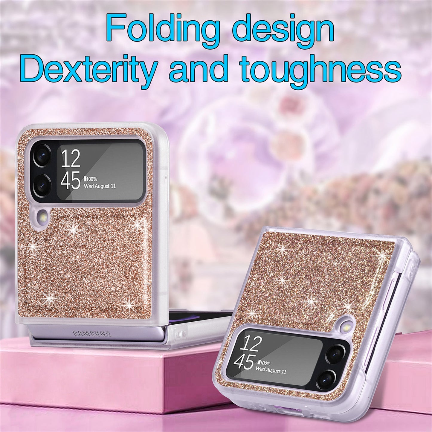 for Samsung Galaxy Z Flip 4 6.7" Glitter Folding Case, Flexible TPU Case with Wireless Charging Anti-Fingerprint Full Body Protective Case for Samsung Z Flip 4 Women Men, Gold
