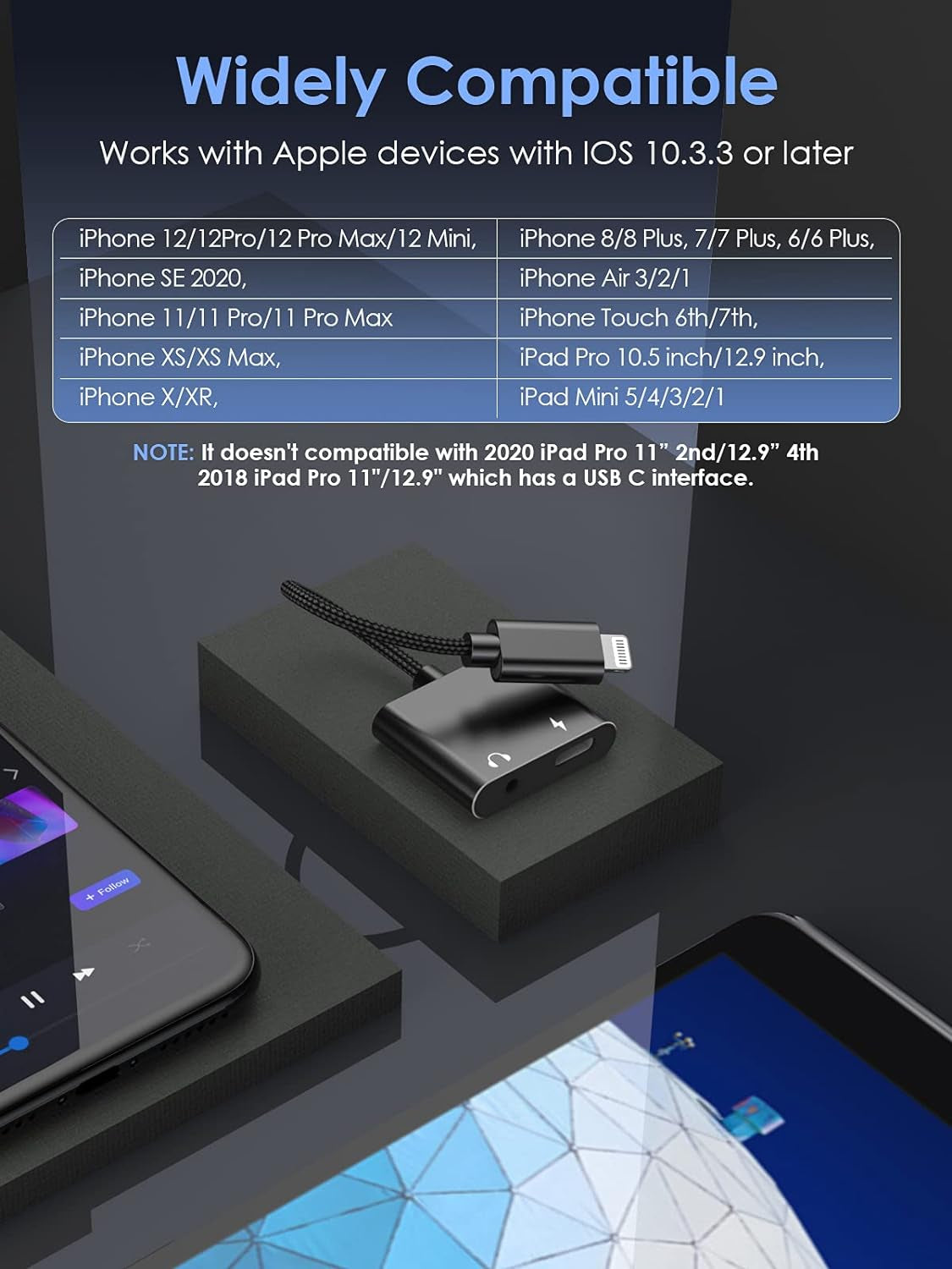 Headphone Adapter for Iphone, 2 in 1 Lightning to 3.5Mm Female Earphone Audio & Charge Dongle Cable Connector Iphone Headphone Adaptor Compatible with 2020 Iphone 12 Mini Pro Max 11 XR XS