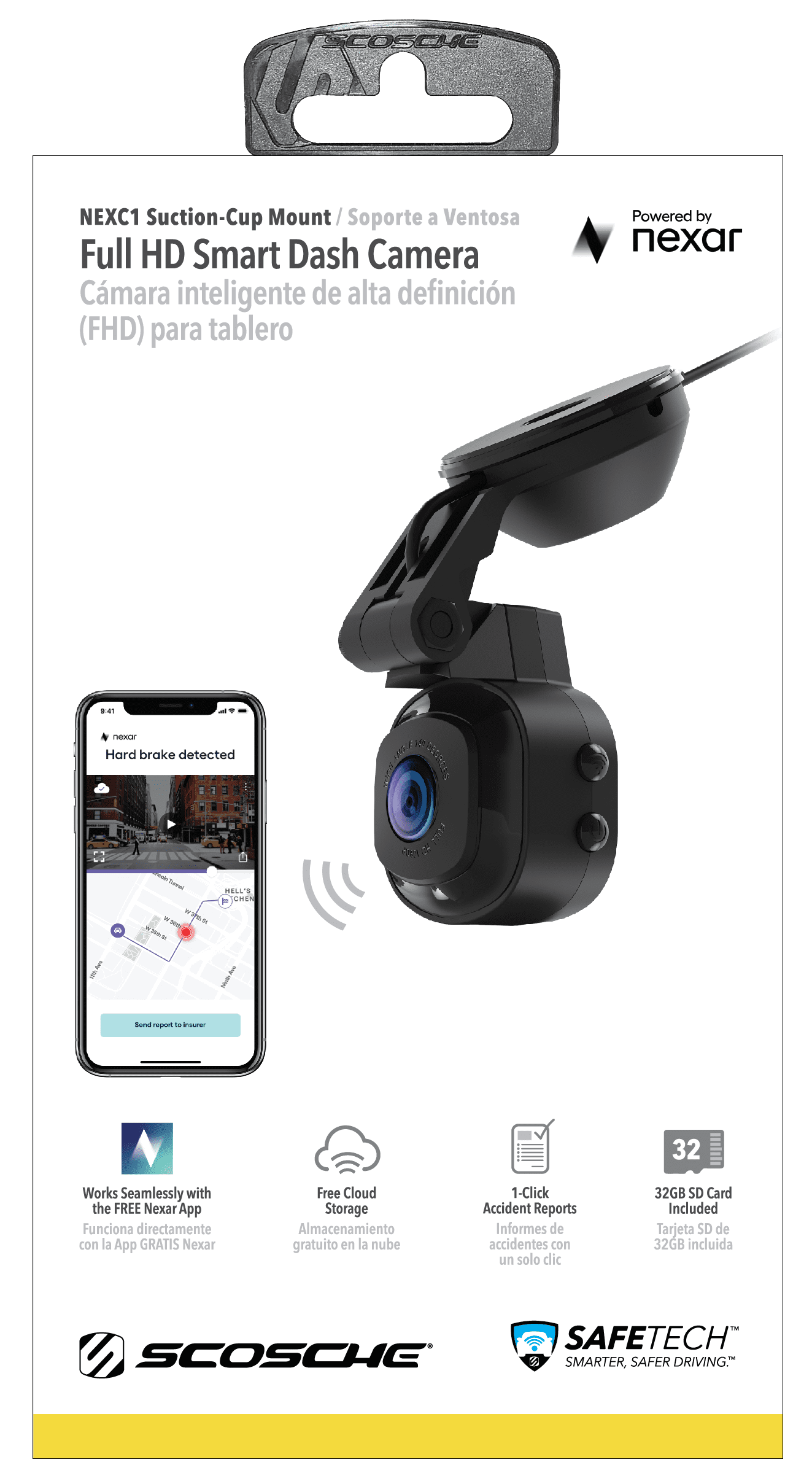 NEXC11032W-SP1 Full HD Smart Windshield Mount Car Dash Cam Powered by Nexar Black