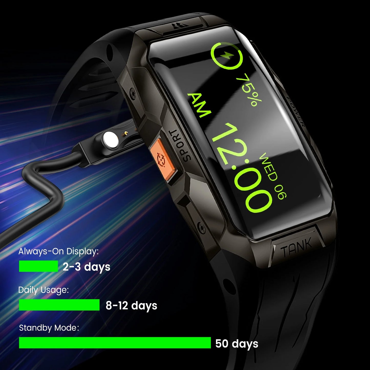 Tank X1 Smart Watch for Men-100M Waterproof, 1.47" HD Fitness Tracker for Android Iphone with Bluetooth(Answer/Make Call), 50 Days Extra-Long Battery, Black