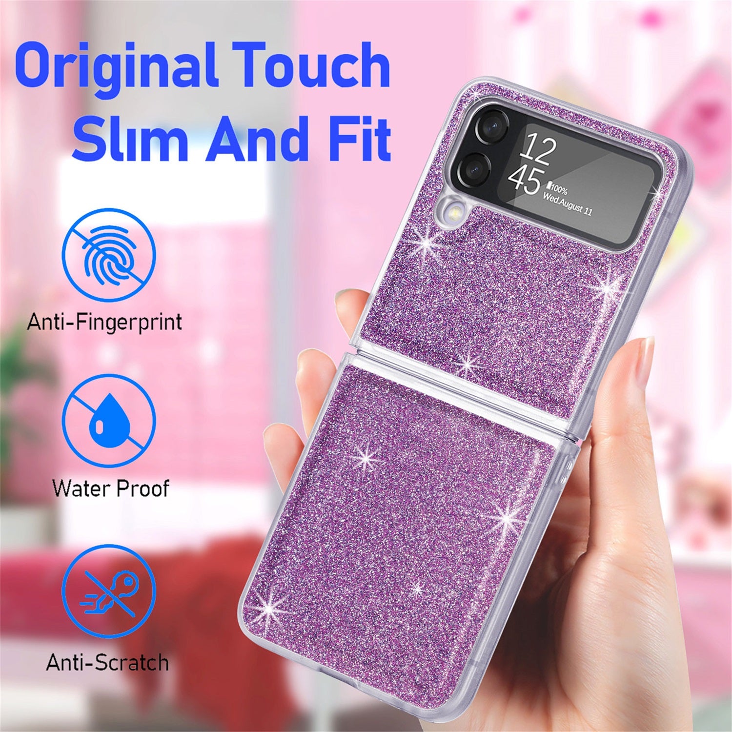 for Samsung Galaxy Z Flip 4 6.7" Glitter Folding Case, Flexible TPU Case with Wireless Charging Anti-Fingerprint Full Body Protective Case for Samsung Z Flip 4 Women Men, Purple