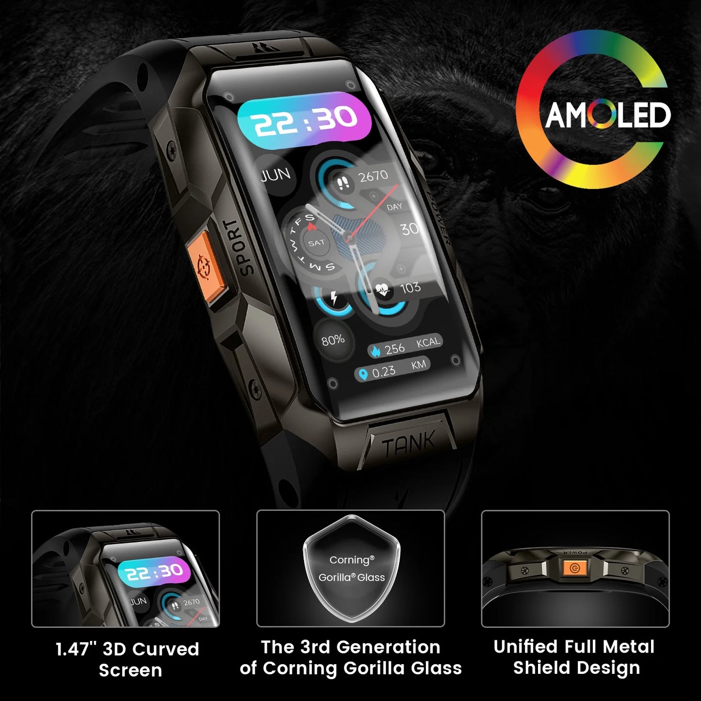 Tank X1 Smart Watch for Men-100M Waterproof, 1.47" HD Fitness Tracker for Android Iphone with Bluetooth(Answer/Make Call), 50 Days Extra-Long Battery, Black