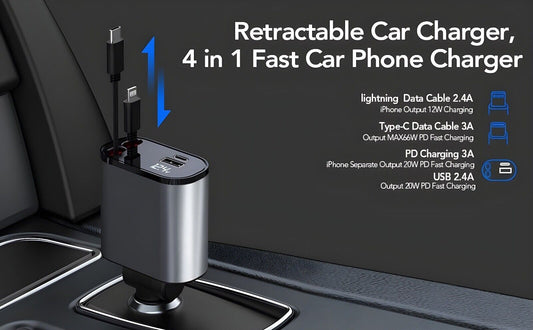 4 in 1 Retractable Car Charger Cable Dual Port USB-C PD Fast Charging Adapter