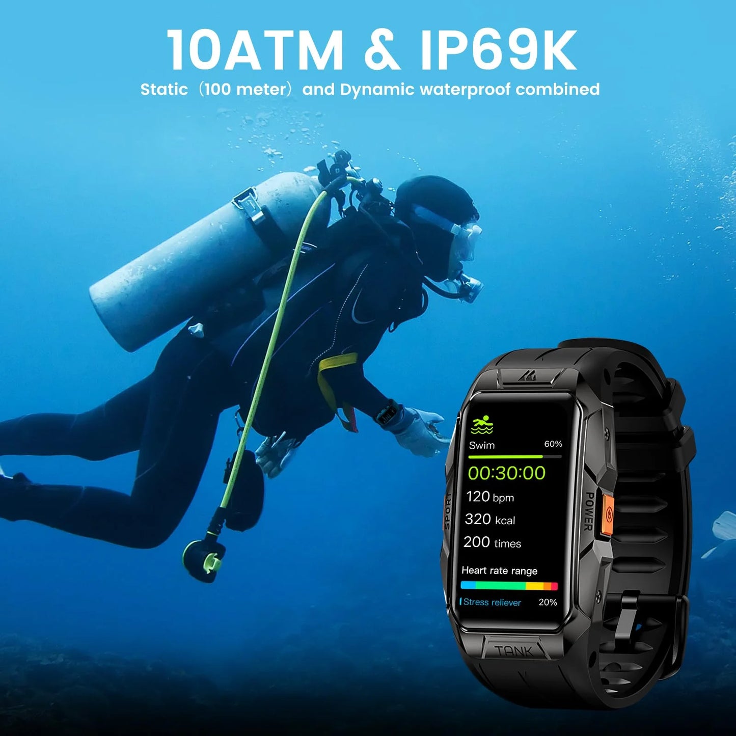 Tank X1 Smart Watch for Men-100M Waterproof, 1.47" HD Fitness Tracker for Android Iphone with Bluetooth(Answer/Make Call), 50 Days Extra-Long Battery, Black