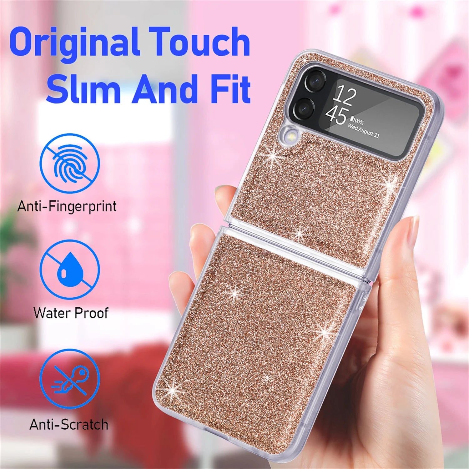 for Samsung Galaxy Z Flip 4 6.7" Glitter Folding Case, Flexible TPU Case with Wireless Charging Anti-Fingerprint Full Body Protective Case for Samsung Z Flip 4 Women Men, Gold