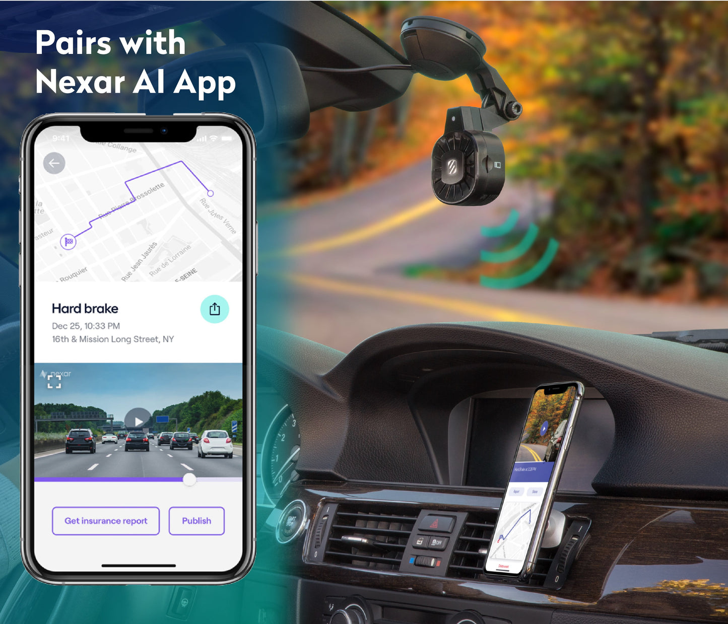 NEXC11032W-SP1 Full HD Smart Windshield Mount Car Dash Cam Powered by Nexar Black
